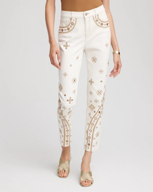 Chico's Embellished Girlfriend Slim Ankle Jeans