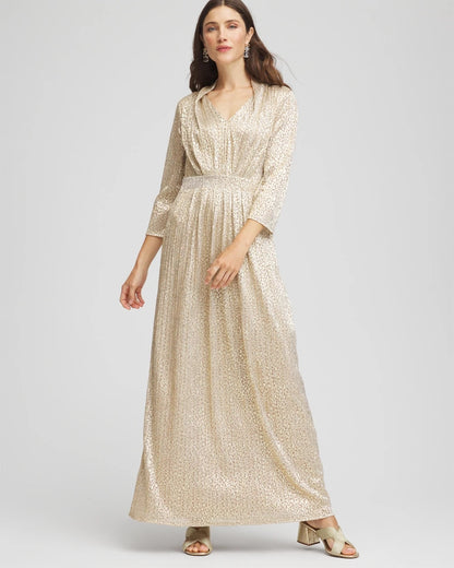 Chico's Metallic Knit Pleated Maxi Dress