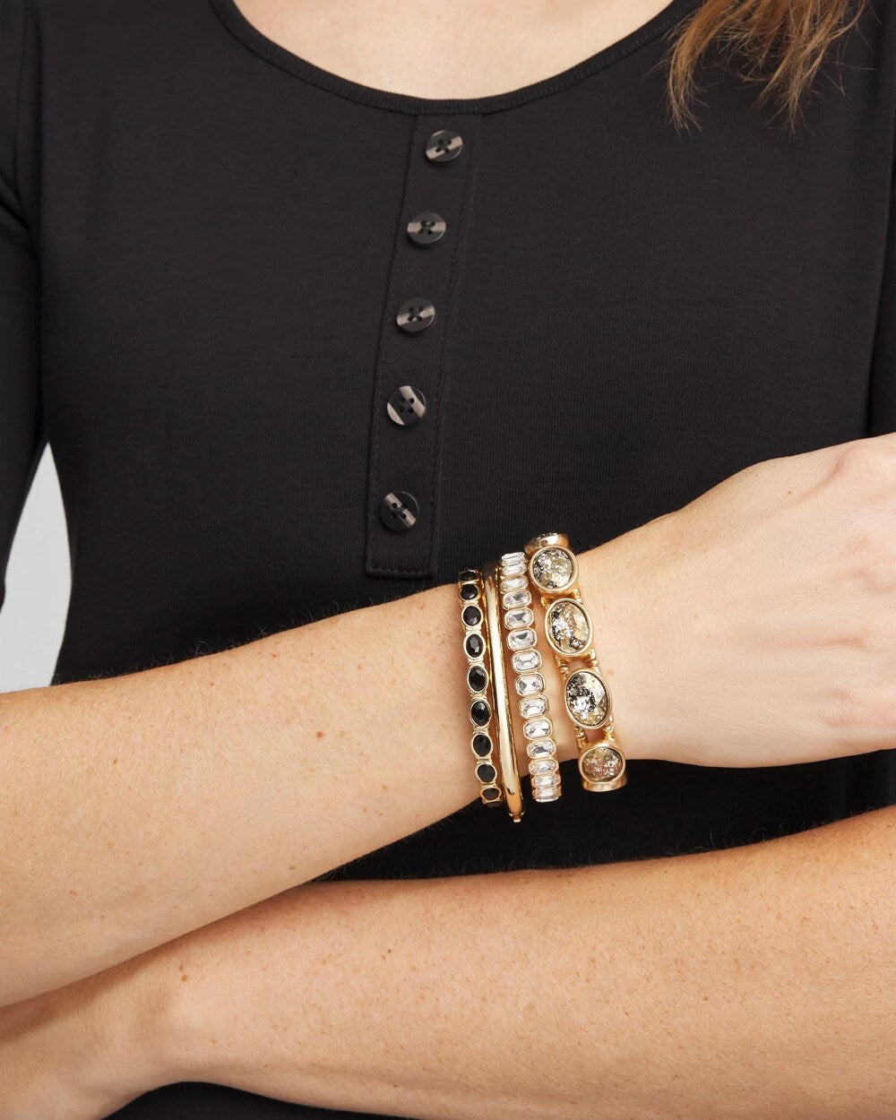 Chico's Small Black Faceted Gem Stretch Cuff Bracelet