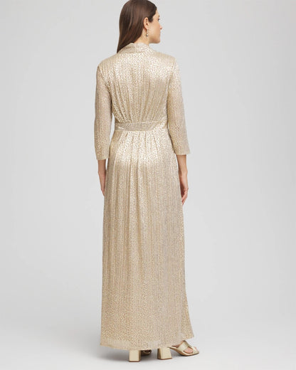Chico's Petite Metallic Knit Pleated Maxi Dress