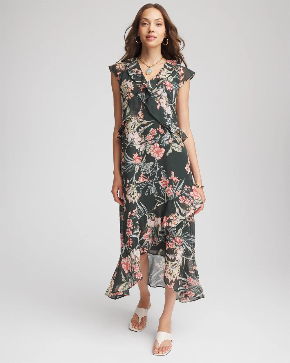 Chico's Petite Floral Ruffle-Trim Chiffon Dress