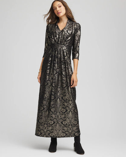 Chico's Petite Foiled Knit Pleated Maxi Dress