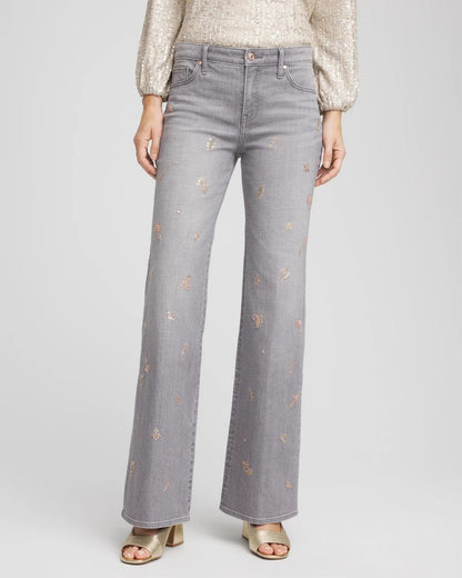 Chico's Petite Rose Gold Embroidered Girlfriend Flared Jeans