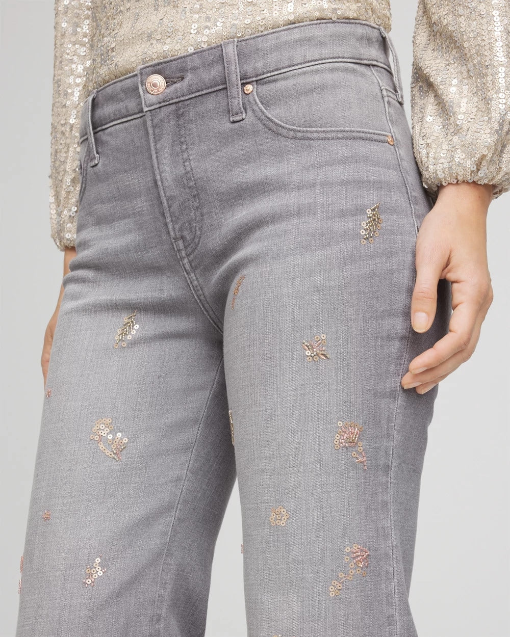 Chico's Petite Rose Gold Embroidered Girlfriend Flared Jeans